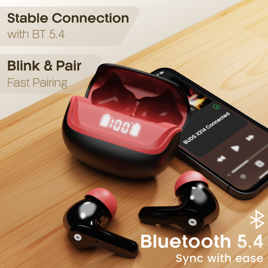 Leaf Buds X214 True Wireless Earbuds AI Sound App | 40H Playtime | 2 Modes | Blood Black