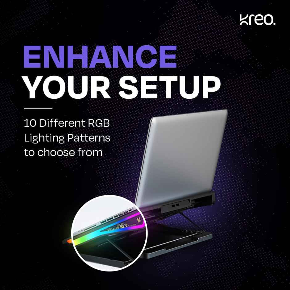 Kreo Tundra 5 Fans Rgb Laptop Cooling Pad With Dual Usb Port,5 Adjustable Height Angles Lcd Display