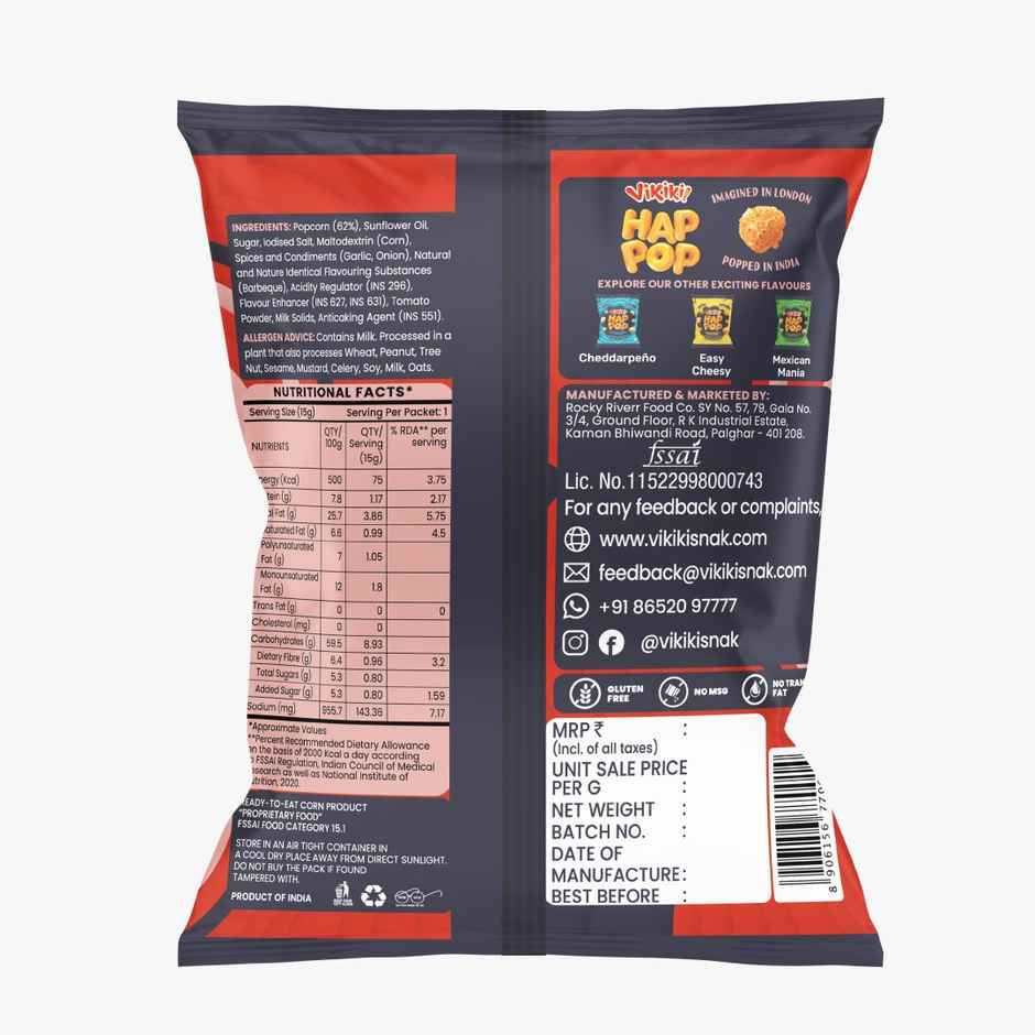 Vikiki Snak HapPop Ready to eat Popcorn | Smokey Barbeque