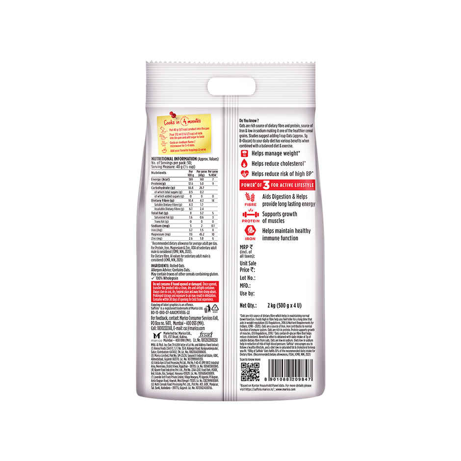 Saffola Oats, Instant Rolled Oats, Soft & Creamy Oats, Power of Protein, Iron & Fibre