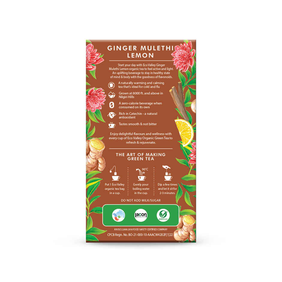 Eco Valley Organic Green Tea- Ginger Mulethi Lemon| Boost Energy, Helps Burn Body Fat| Zero Calories