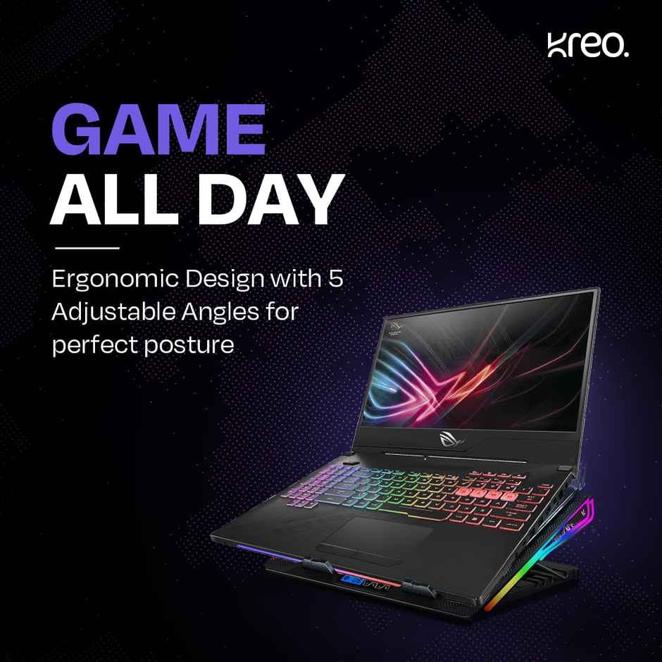 Kreo Tundra 5 Fans Rgb Laptop Cooling Pad With Dual Usb Port,5 Adjustable Height Angles Lcd Display