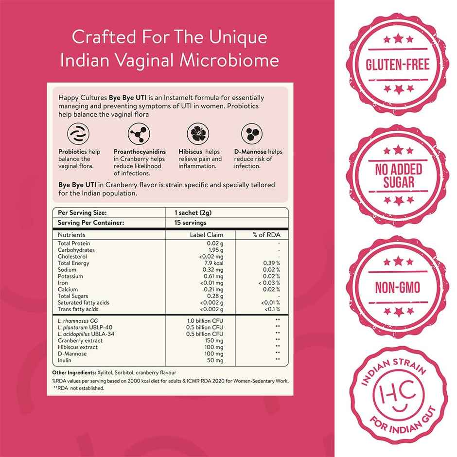 Happy Cultures Bye Bye UTI | D-Mannose, Cranberry & Probiotics |15pcs