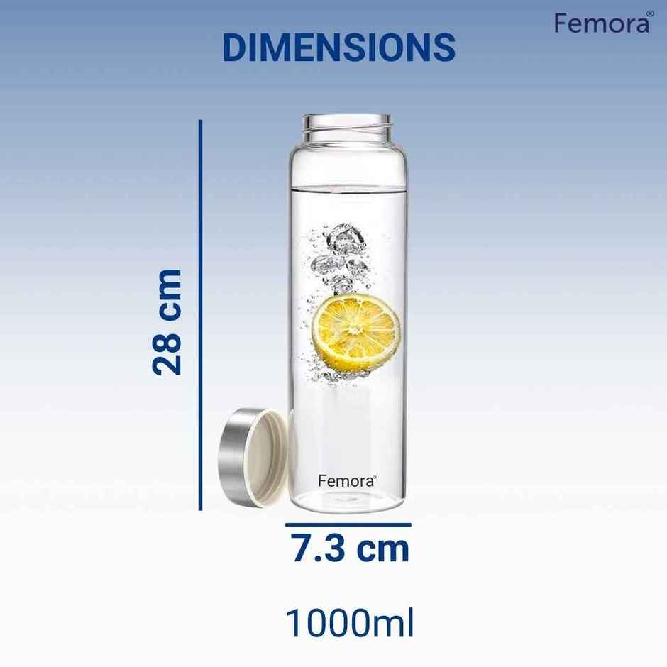 Femora Borosilicate Glass Bottle with Steel Lid Finish | Transparent | 1 L