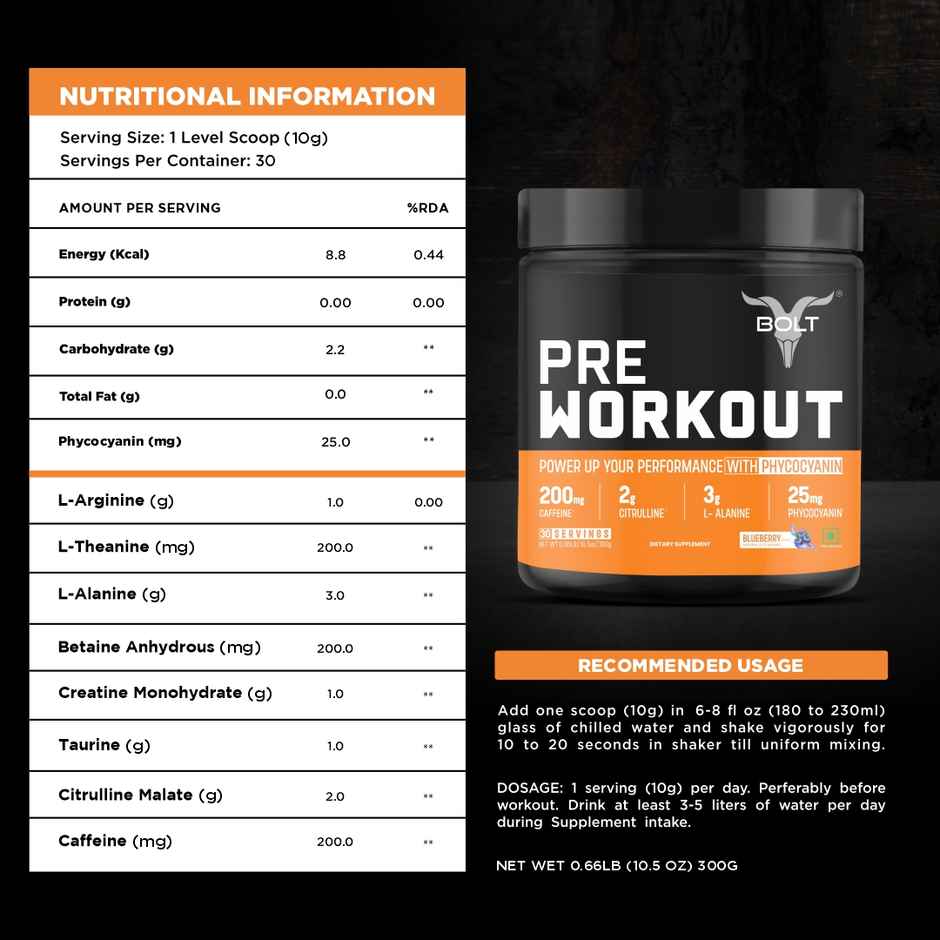 Bolt Nutrition Pre Workout Supplement | 30 Servings | Blue Berry Blast
