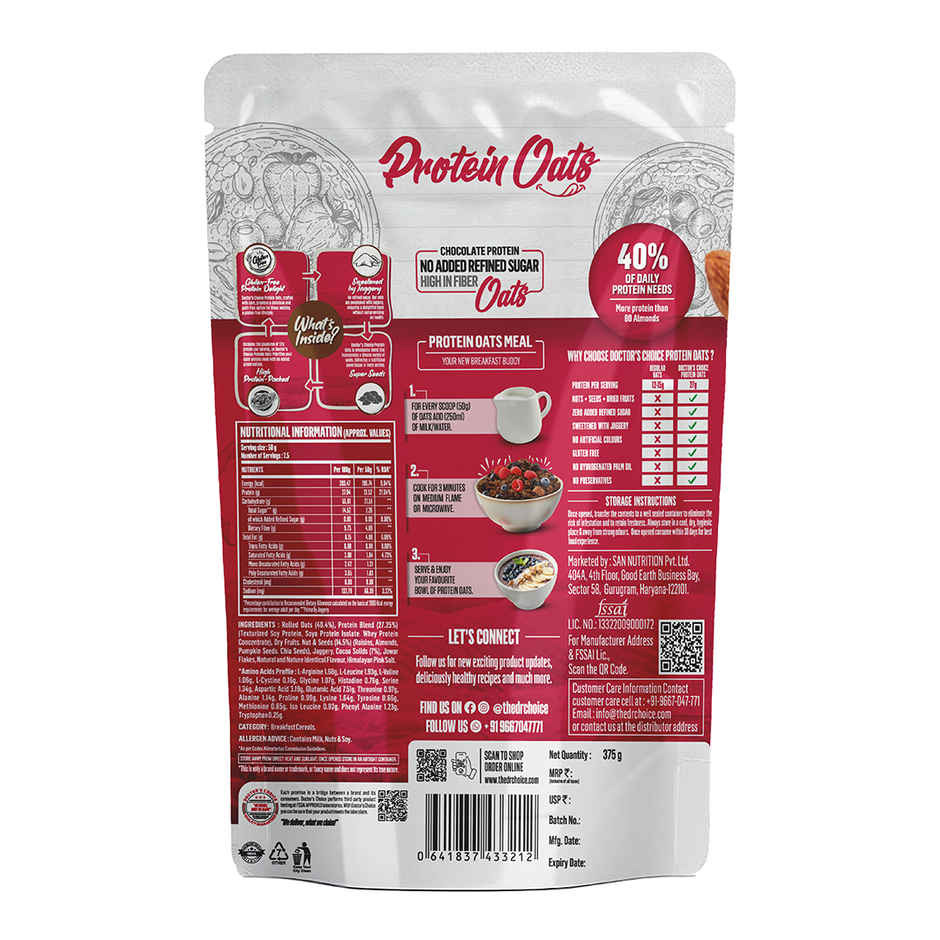 DOCTOR'S CHOICE Oats, 27g Pure Protein, Jaggery Sweetened, No Additives & No Sugar Pouch