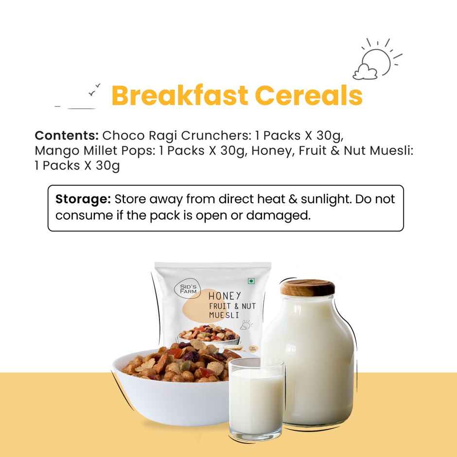 Sid's Farm Mango Millet Pops | Choco Ragi Crunchers | Honey Fruit - Nut Muesli | Assorted