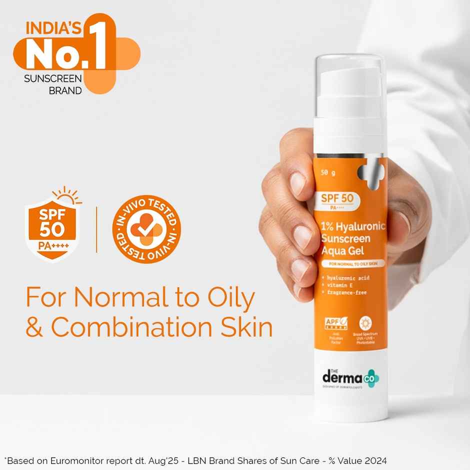 The Derma Co 1% Hyaluronic Sunscreen Aqua Ultra Light Gel With SPF 50 PA++++ For Broad Spectrum UVA UVB & Blue Light Protection Combo