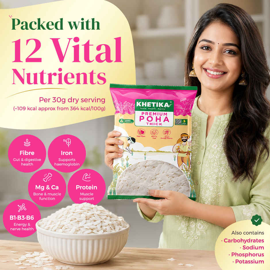 Khetika Premium Thick Poha (Flattened Rice) | High in Fiber | Zero Preservatives