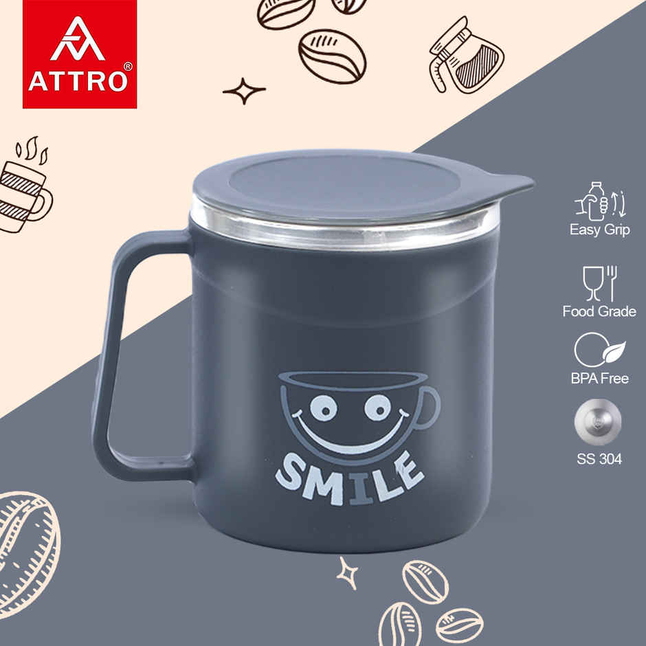 Attro Happy Mug | Double Wall Stainless Steel Lid | Cup for Hot Coffee-Tea | 300 ml | Grey