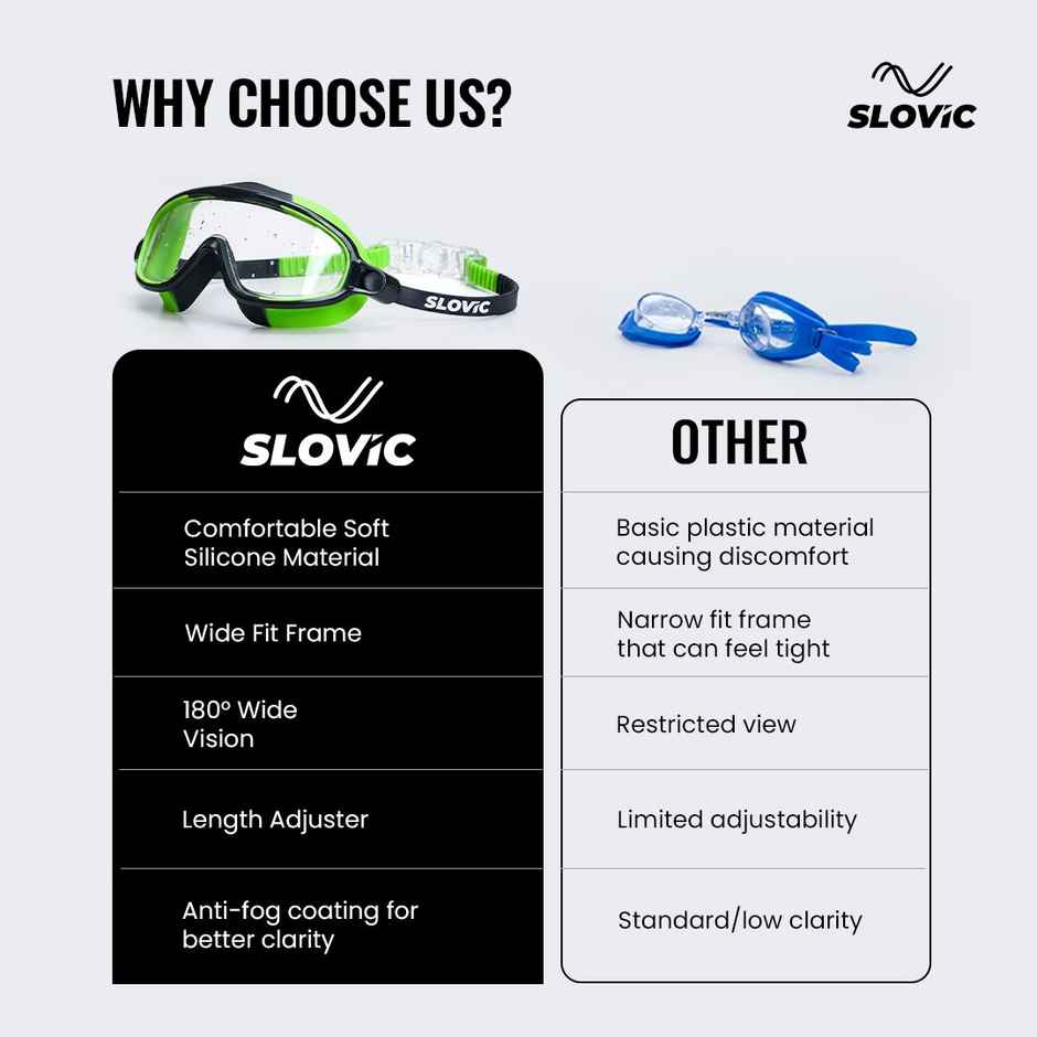 Slovic Kids Swimming Goggles - Anti-Fog, UV Protection with Adjustable Strap | Green & Black