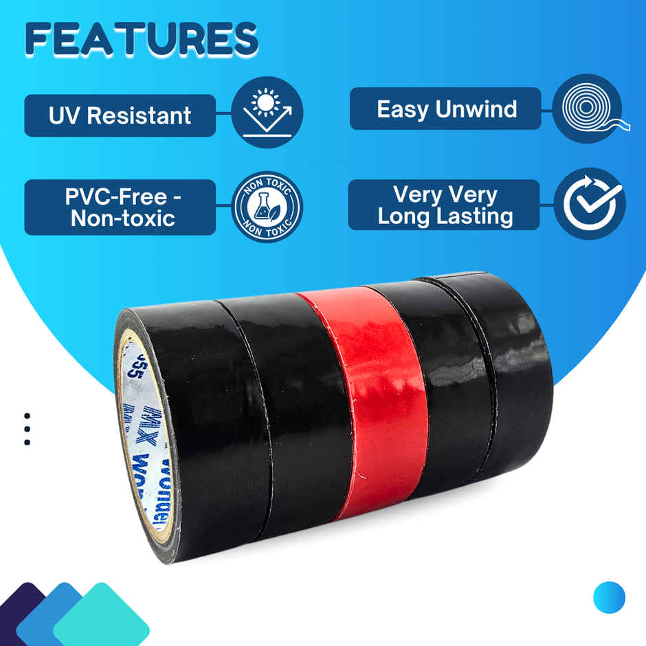 ABK Multicolour High Performance Electric Insulation Tape 18 mm x 6 meters - Pack of 5 ( 4 Black + 1 Red)