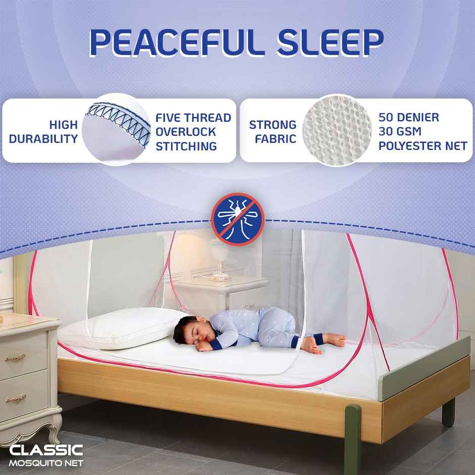 Classic Mosquito Net For Single Bed | Foldable Machardani | Polyester Strong 30Gsm Mesh - Pink.