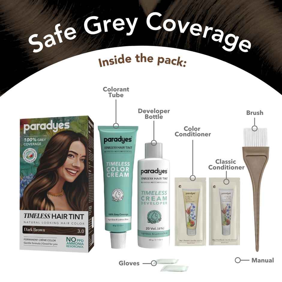 Paradyes Dark Brown Timeless Hair Tint, Permanent Creme Hair Colour - 3.0 Dark Brown