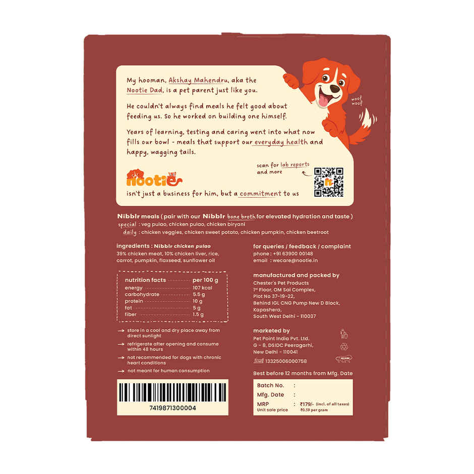 Nibblr By Nootie Fresh Chicken Pulao Wholesome Meal | Chicken Rice & Veggies Dog Wet Food 300gm