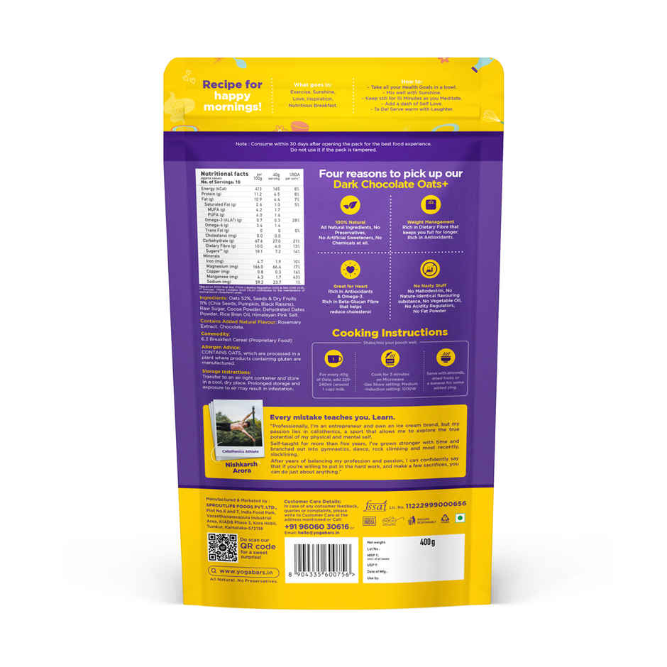 Yoga Bar Dark Chocolate Oats, High Protein and Fibre, Raisins, Pumpkin, Chia Seeds, Rich in Omega -3