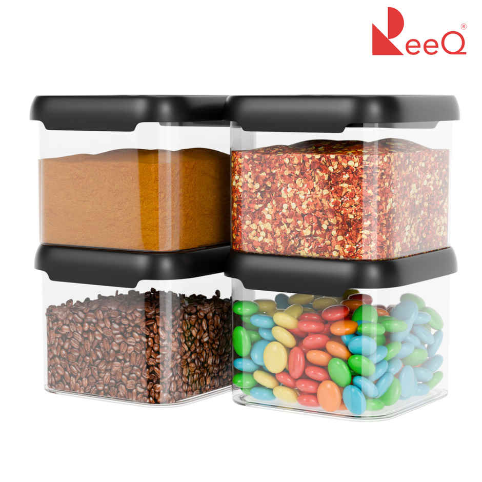 ReeQ Airtight Food Storage Containers Square Jars | Black Lid - 500 ml