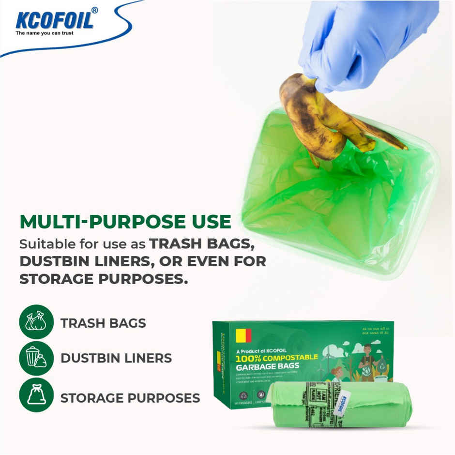 Kcofoil 100% Compostable Small Garbage Bag Roll - 15 Bags | With Detachable Tie Tape
