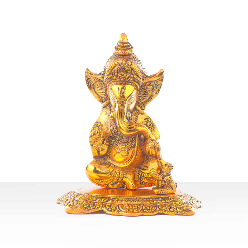 Ganesh Ji Idol with Mooshak in Gold Polish | Devnidhi