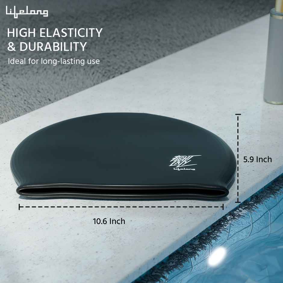 Lifelong Black Swimming Cap for Women - For Long Hair | Silicone Hair Cover Cap