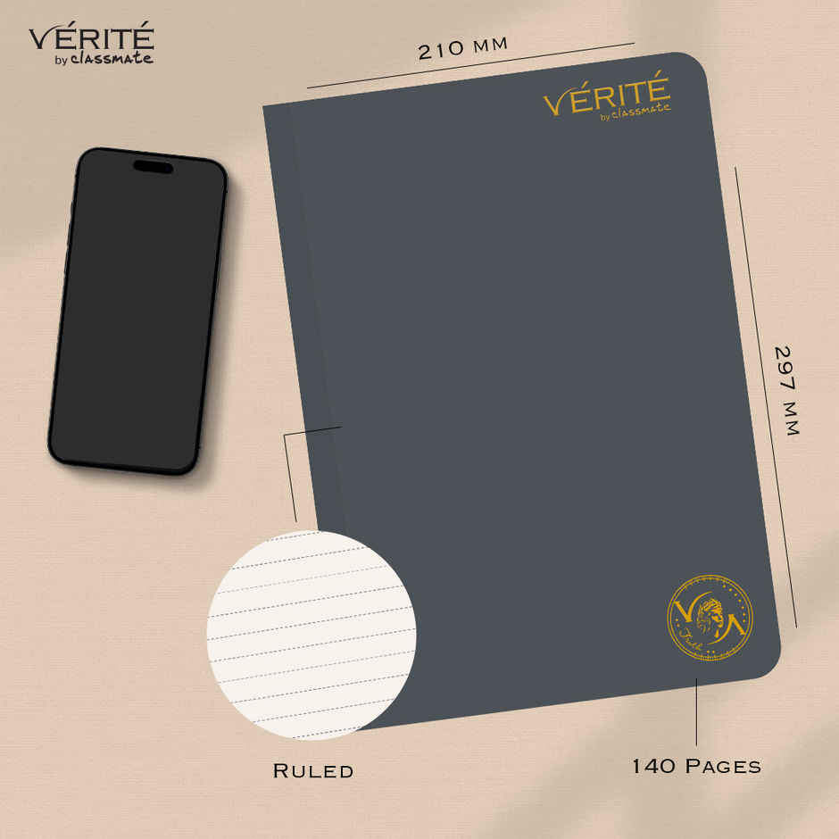 Verite by Classmate | Lay Flat Long Book | Charcoal | Size 297 X 210 | Single Line | 140 Pages