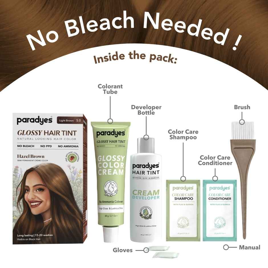 Paradyes No Bleach Hazel Brown Glossy Hair Tint, Ammonia|free Hair Color for Natural Black Hair