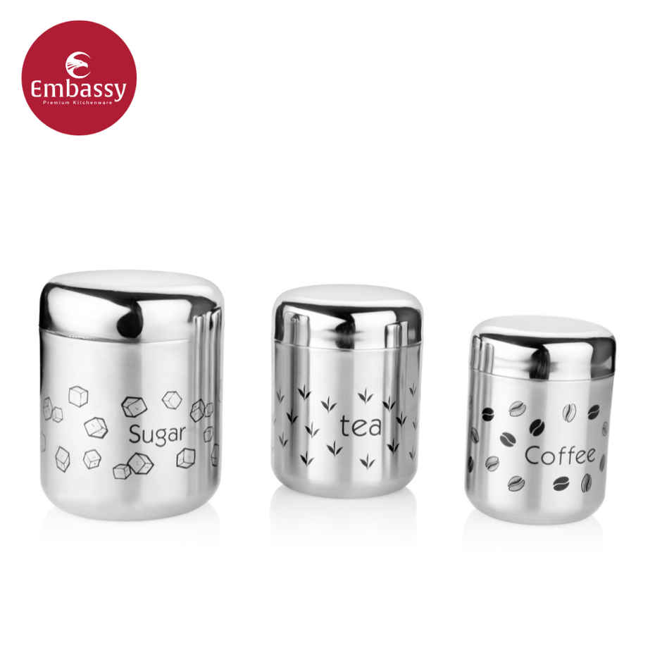 Embassy Coffee Tea Sugar Canister Set, 350/500/700 ml, Vintage Design, Premium Stainless Steel