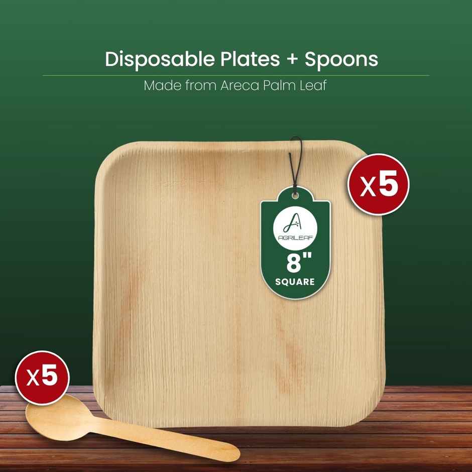 AGRILEAF 8 Inch Square Areca Palm Leaf Disposable Plates with Spoons | 5 Plates + 5 Spoons