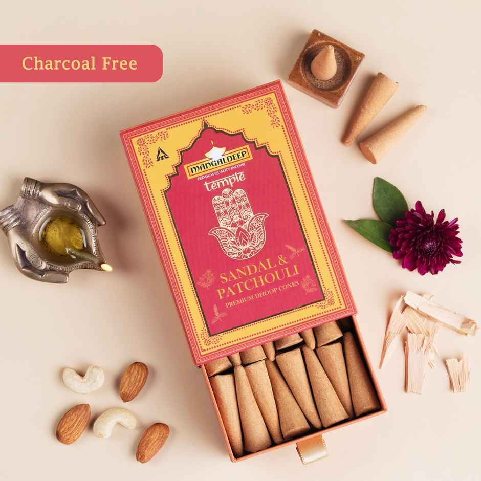 Temple Premium Bambooless Dhoop Cones | Sandalwood and Patchouli Fragrance | Mangaldeep