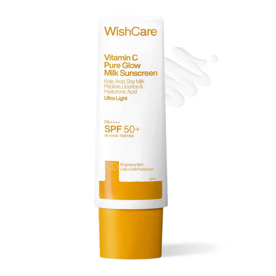 WishCare Vitamin C Pure Glow Milk Sunscreen SPF 50 PA++++ In-Vivo Tested | No White Cast