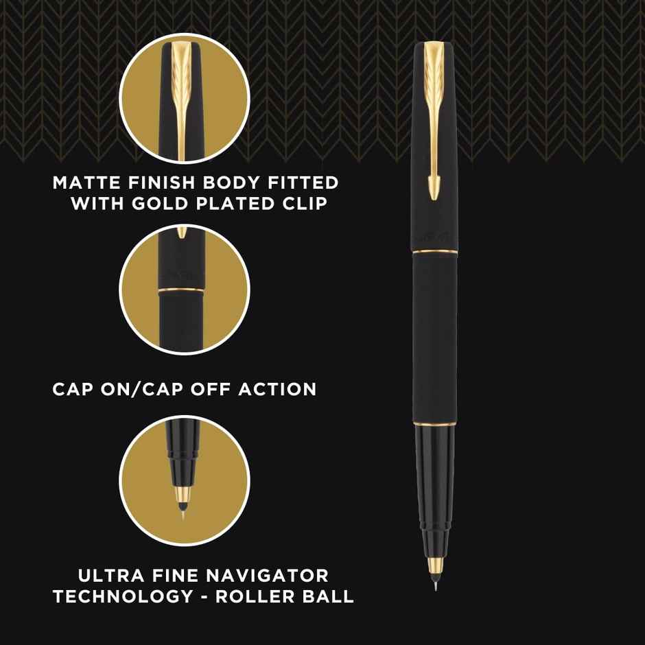 Parker Gift Set Vector Matte Black Gold Trim Roller Ball Pen With Parker Note Book