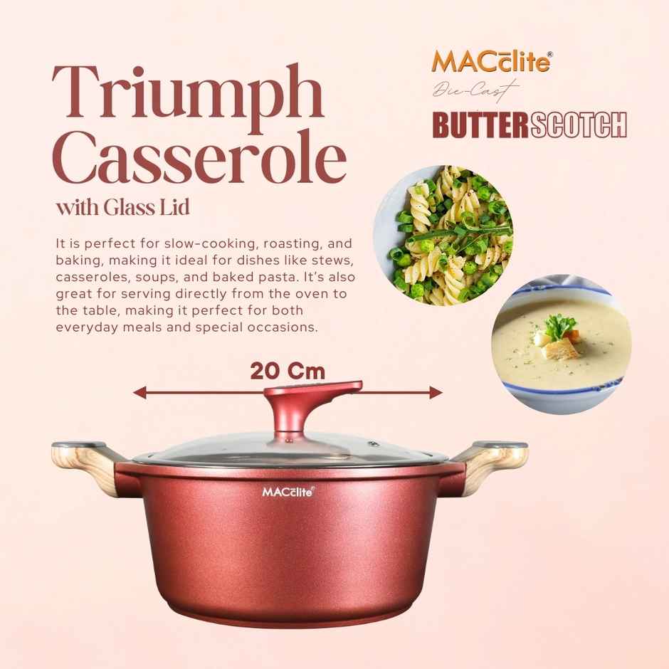Macclite Non-Stick PDC Granite+ Induction Base Butter Scotch Triumph Casserole 20 cm with Glass Lid