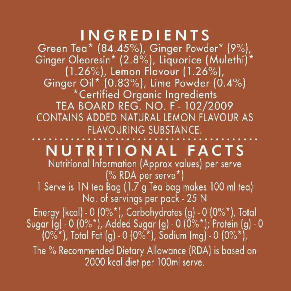 Eco Valley Organic Green Tea- Ginger Mulethi Lemon| Boost Energy, Helps Burn Body Fat| Zero Calories