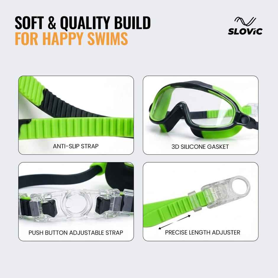 Slovic Kids Swimming Goggles - Anti-Fog, UV Protection with Adjustable Strap | Green & Black