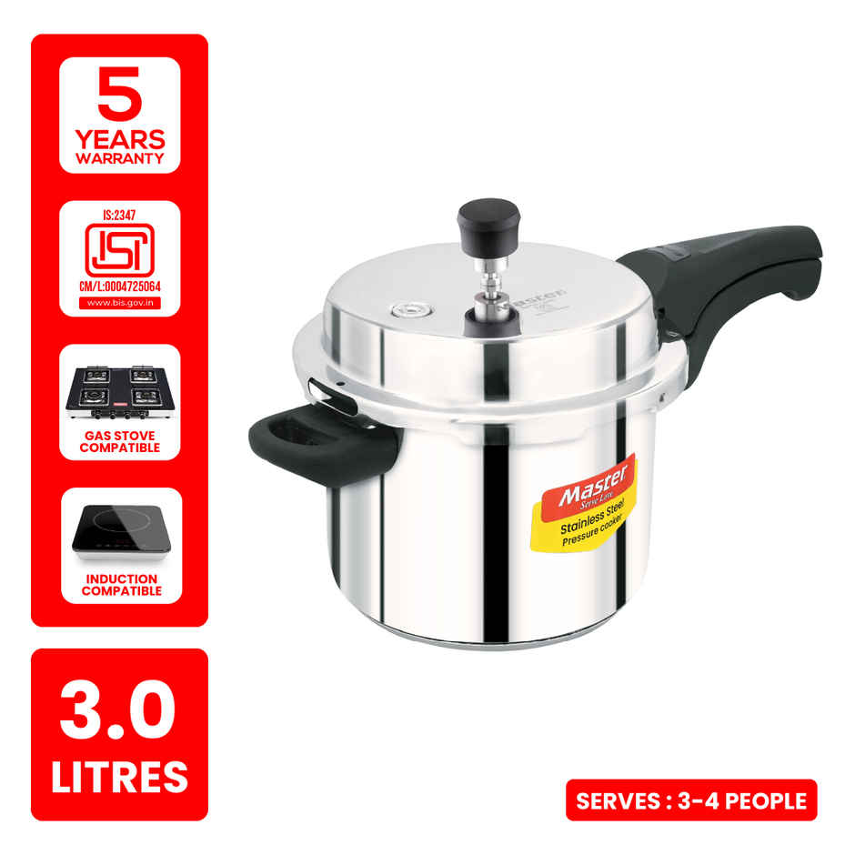 Master Stainless Steel Outer Lid Pressure Cooker 3 L, Gas and Induction Stove Compatible