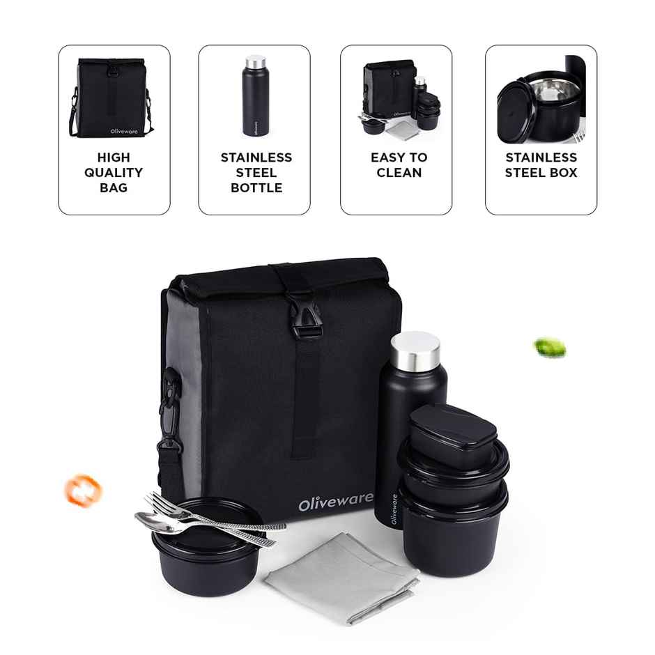 Oliveware Teso Pro Lunch Box Steel 290 ml 450 ml & 600 ml Pickle Box 130 ml Bottle 750 ml Black