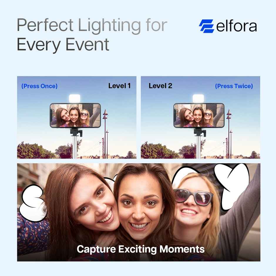 Elfora Mobile Phone Stand Extendable Bluetooth Selfie Stick Tripod with Light | Black