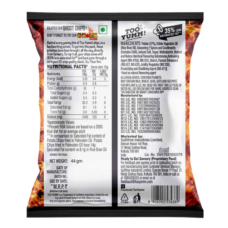 Too Yumm Smoking Hot Bhoot Potato Chips, No Palm Oil Healthy Spicy Chips, 35% Less Saturated Fats