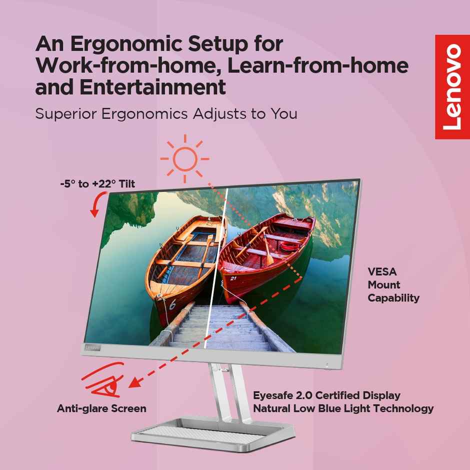 Lenovo L22i-40, 22 inch (54.6cm), IPS, FHD, 75Hz, Grey, 4ms, AMD FreeSync, 99% sRGB, 2X3W Speakers, HDMI 1.4, VGA, Tilt Stand, 3 Year Warranty Monitor