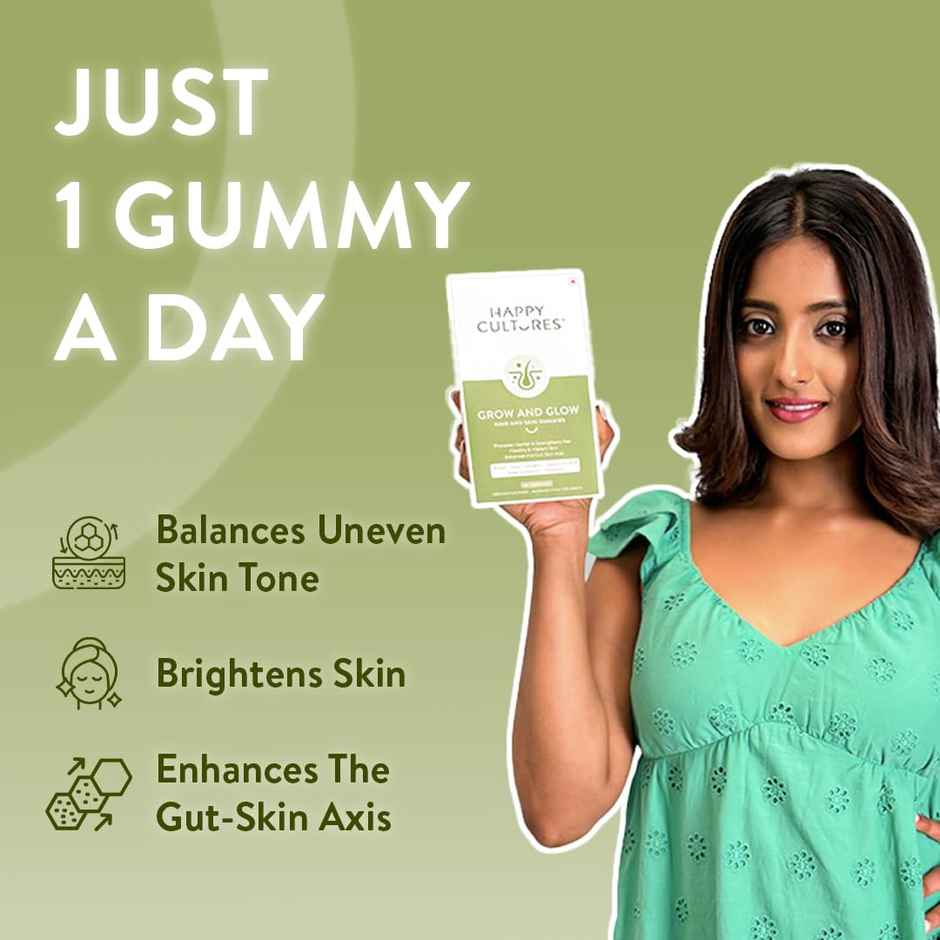 Happy Cultures Grow & Glow | Biotin + Collagen | Hair Strength, Skin Glow & Hair Fall Control | 30 Gummies