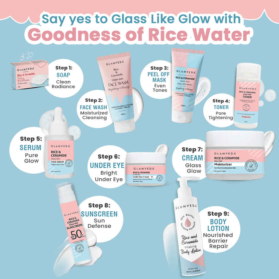 Glamveda Korean Glass Skin Rice and Ceramide 7 Step Weekly Skincare Routine For Women with Gift Box
