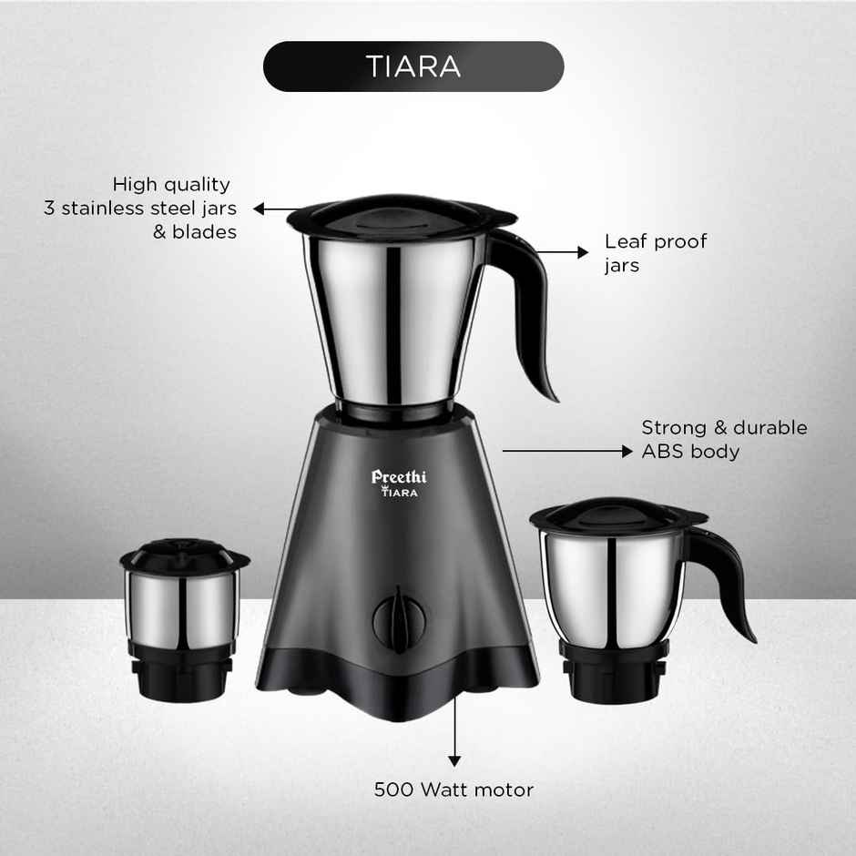 Preethi Tiara Mixer Grinder For Kitchen | 500 Watt Mixie | 3 Jars - Black & Grey