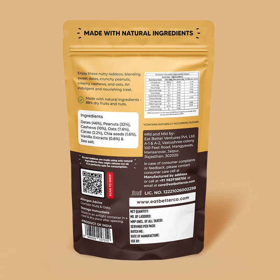 Eat Better Co Peanut & Chocolate Laddoos | No Added Sugar | High Protein, Truly Natural