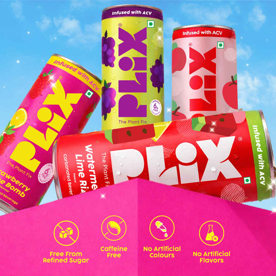 Plix Strawberry Lime Bomb Fizzy Soft Drink Can|Low Calorie & Zero Sugar|Prebiotics With 6g Fibre | Soda