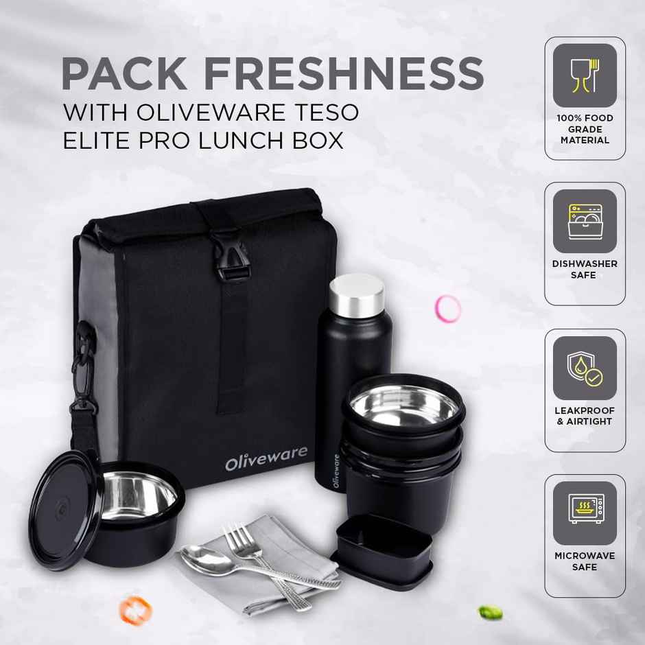 Oliveware Teso Pro Lunch Box Steel 290 ml 450 ml & 600 ml Pickle Box 130 ml Bottle 750 ml Black