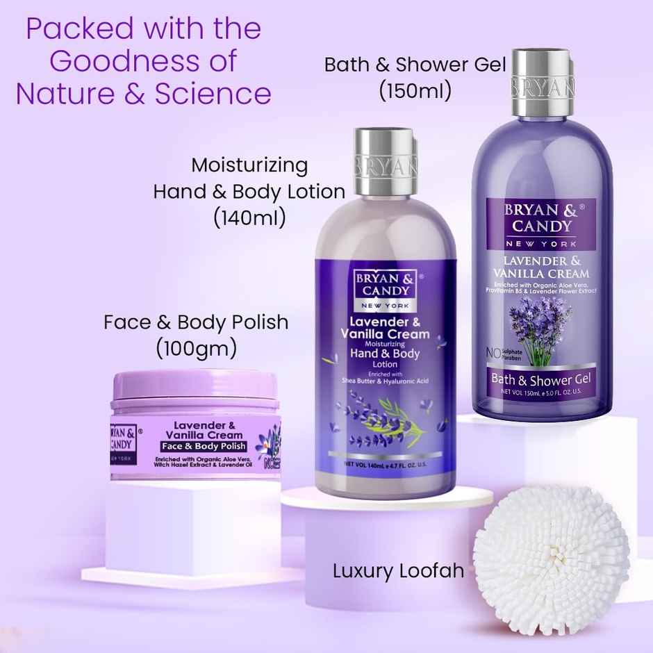 Bryan & Candy Lavender Heart Kit Combo|Shower Gel|Hand-Body Lotion|Body Polish|Loofah|Pack Of 3