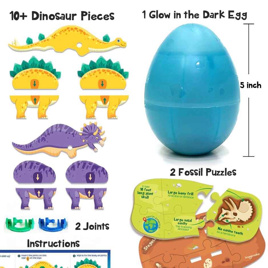Imagimake Dino & Egg - Blue | Glow in Dark Dinasor Building Puzzle Toy for Kids Gifting (5+ Years)