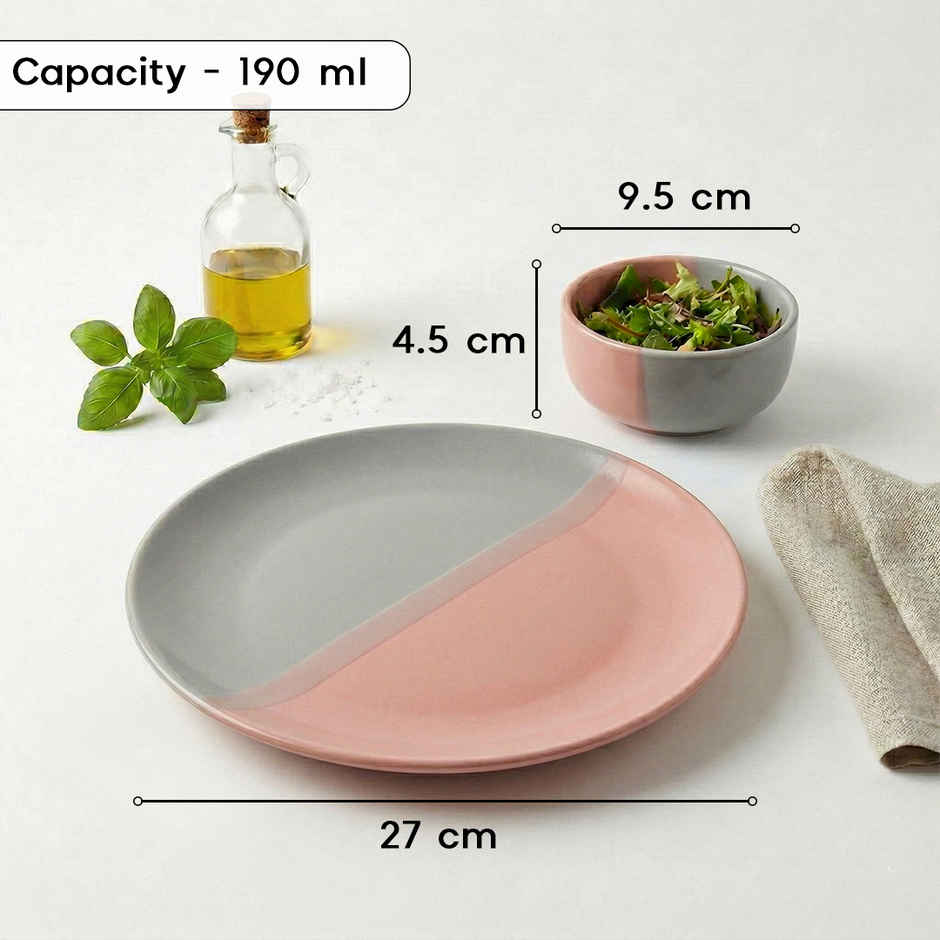 The Earth Store DT Grey Pink Set, 1 Full Plate 2 Vegetable Bowls