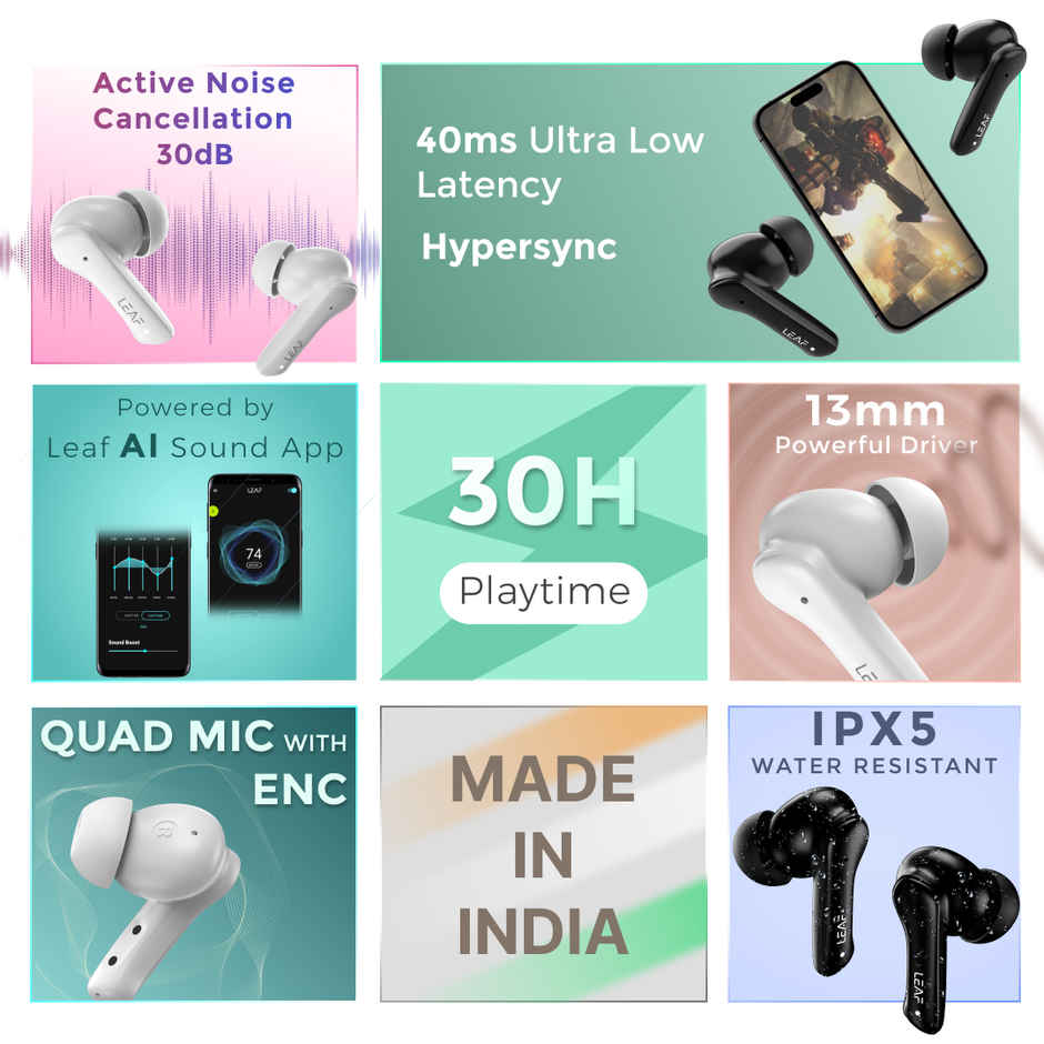 Leaf Buds X614 True Wireless ANC Earbuds With Ai Sound App, 30H Playtime, BTv5.3, Carbon Black