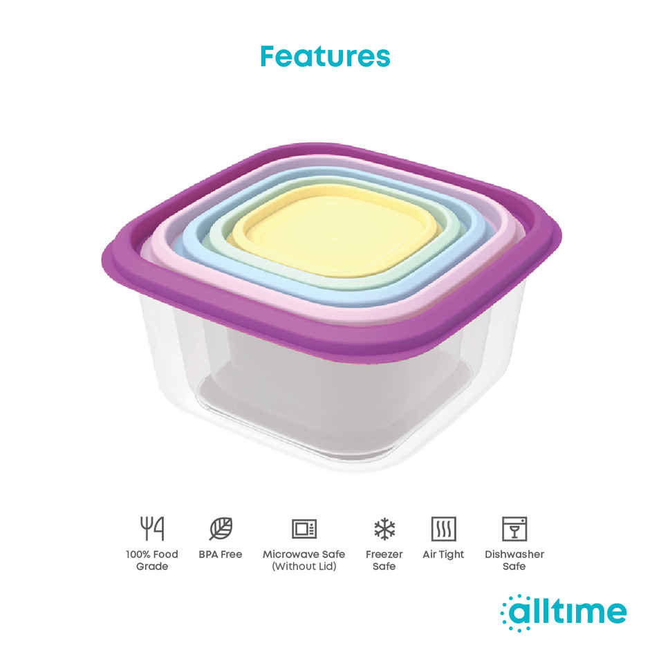 All Time Prism Square Storage Container Set (6600 ml) (Multicolor) (5 Pc Set)